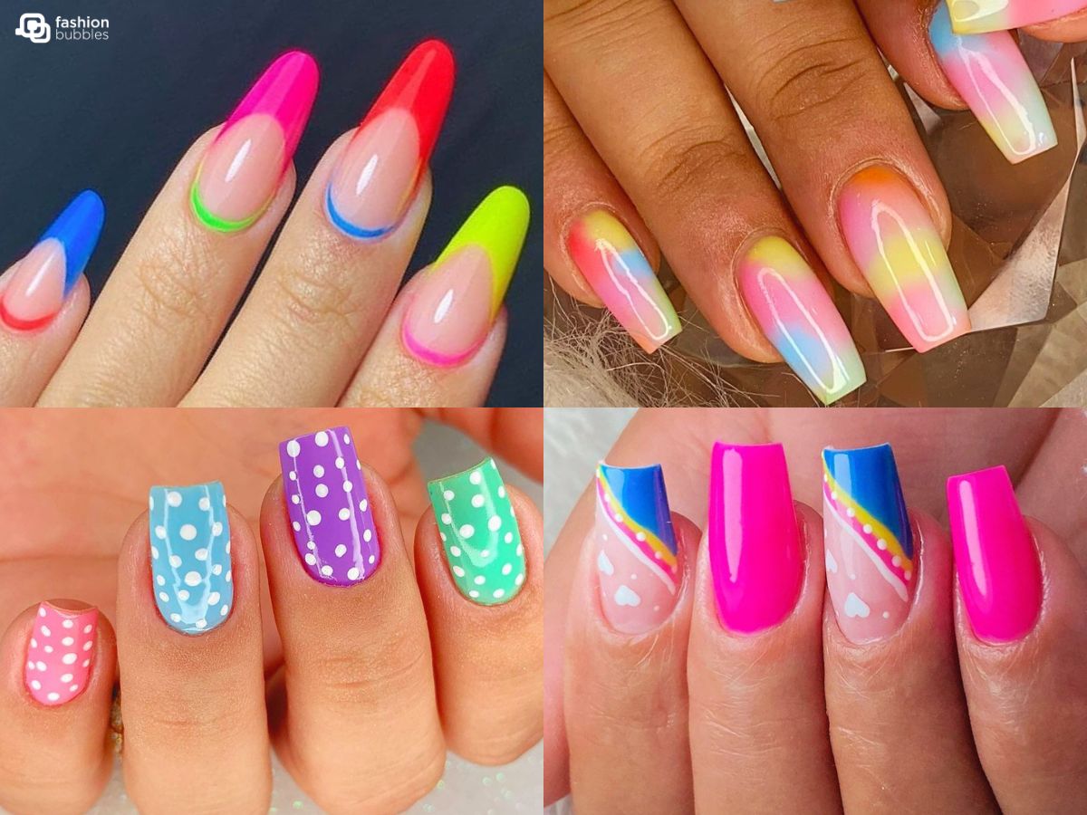 Montagem com 4 ideias de unhas arco-íris: 1: francesinha neon. 2. cores pastéis mescladas. 3. colorido com bolinhas brancas. 4. pink com azul, arco-íris e corações brancos