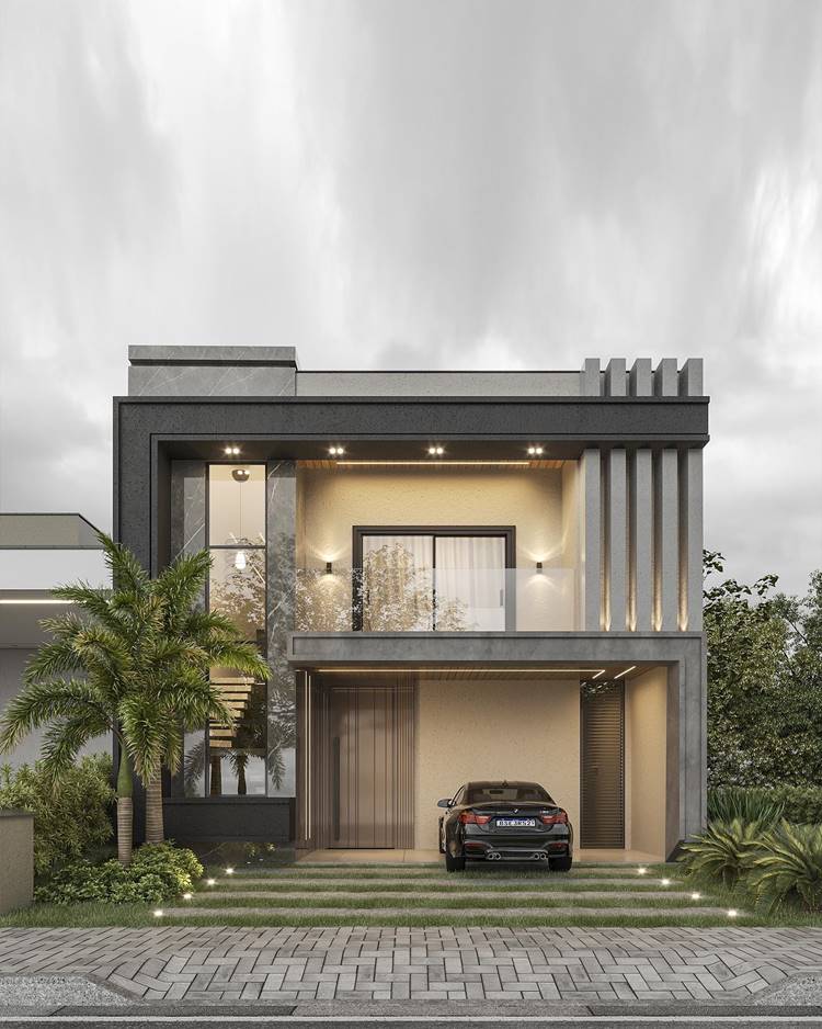 Fachada de casa moderna de dois andares, com paredes cinza escuro e janelas grandes. Há uma garagem no térreo com um carro estacionado dentro. A casa tem um design elegante e contemporâneo. Há duas palmeiras e outras plantas na frente da casa, adicionando um toque de natureza à arquitetura moderna. O céu está nublado, mas calmo, criando uma atmosfera pacífica.
