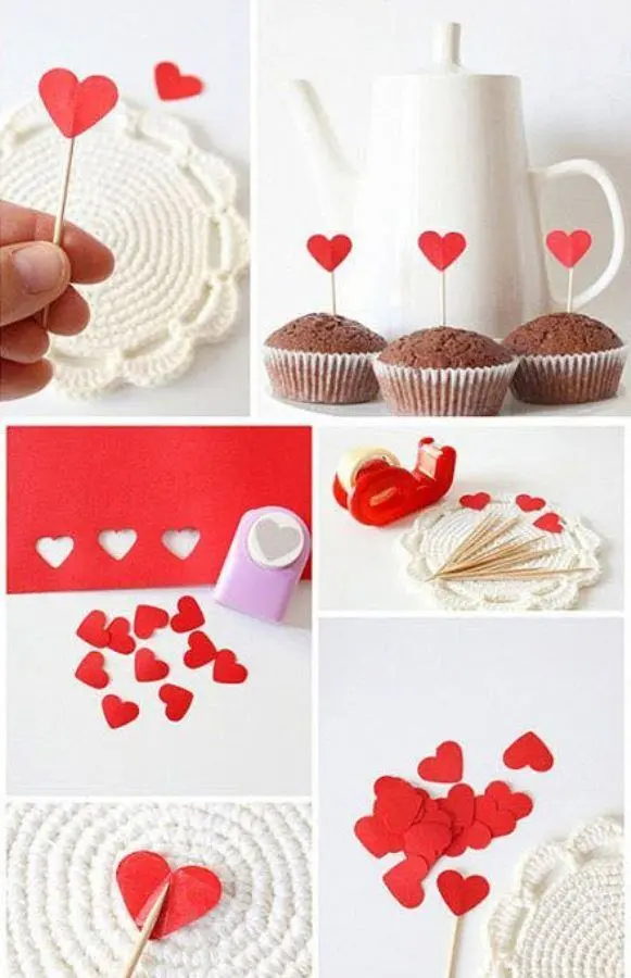 Passo a passo de como fazer corações no palito para muffins