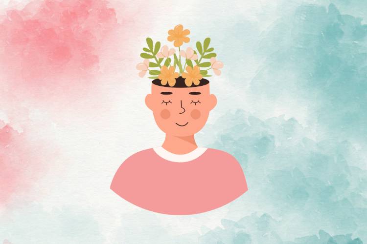 mulher de olhos fechados com buquê de flores saindo da cabeça