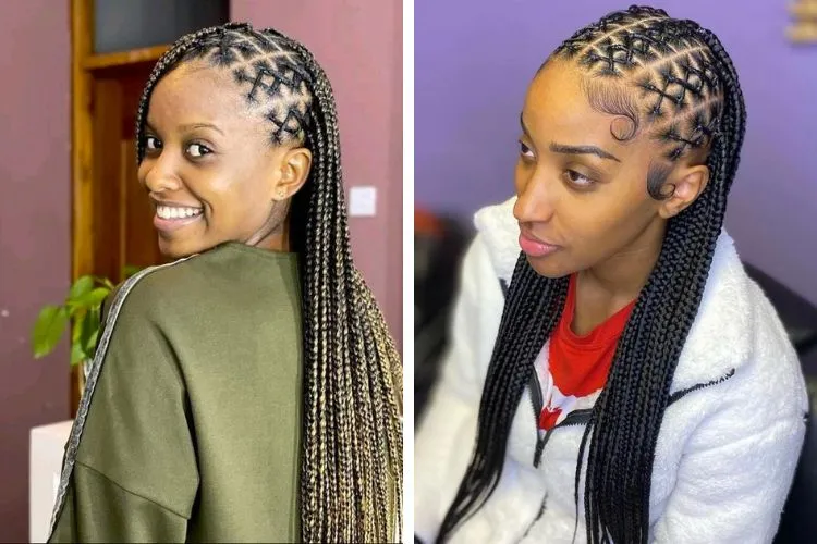 Montagem com 2 ideias de Trançado africano rente no couro cabeludo desenhado que forma vários X na cabeça
