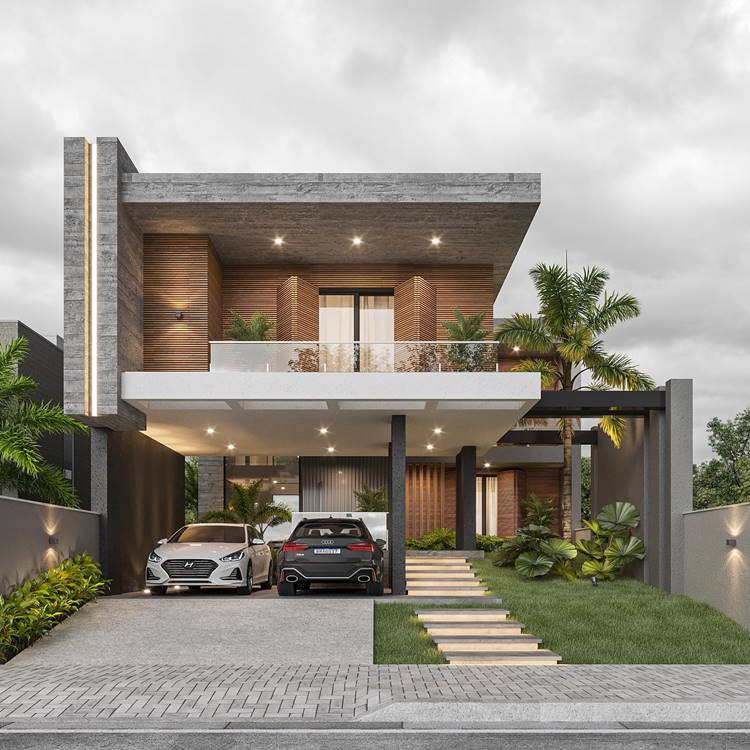 A imagem mostra uma casa moderna de dois andares com dois carros na garagem, paredes de madeira e concreto, e rodeada por vegetação. A casa tem janelas grandes, algumas com ripas de madeira, e um caminho iluminado que leva à entrada. O céu está nublado, mas calmo, criando uma atmosfera serena.