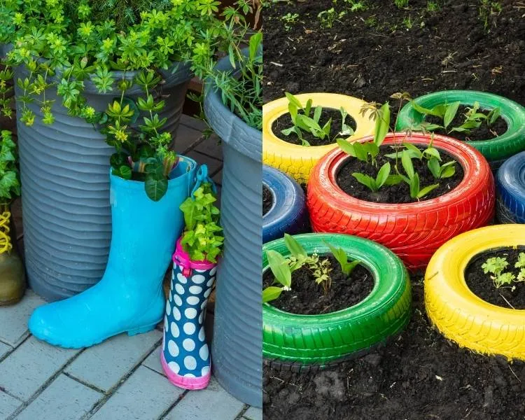 Upcycling: vasos de flor feito com galochas e pneus. Foto upcycling: botas e pneus transformados em vasos de planta.