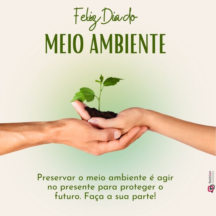Duas mãos estendidas seguram delicadamente uma muda de planta com terra, simbolizando cuidado e preservação. Texto em tons de verde: "Feliz Dia do Meio Ambiente" e mensagem inspiradora: "Preservar o meio ambiente é agir no presente para proteger o futuro."