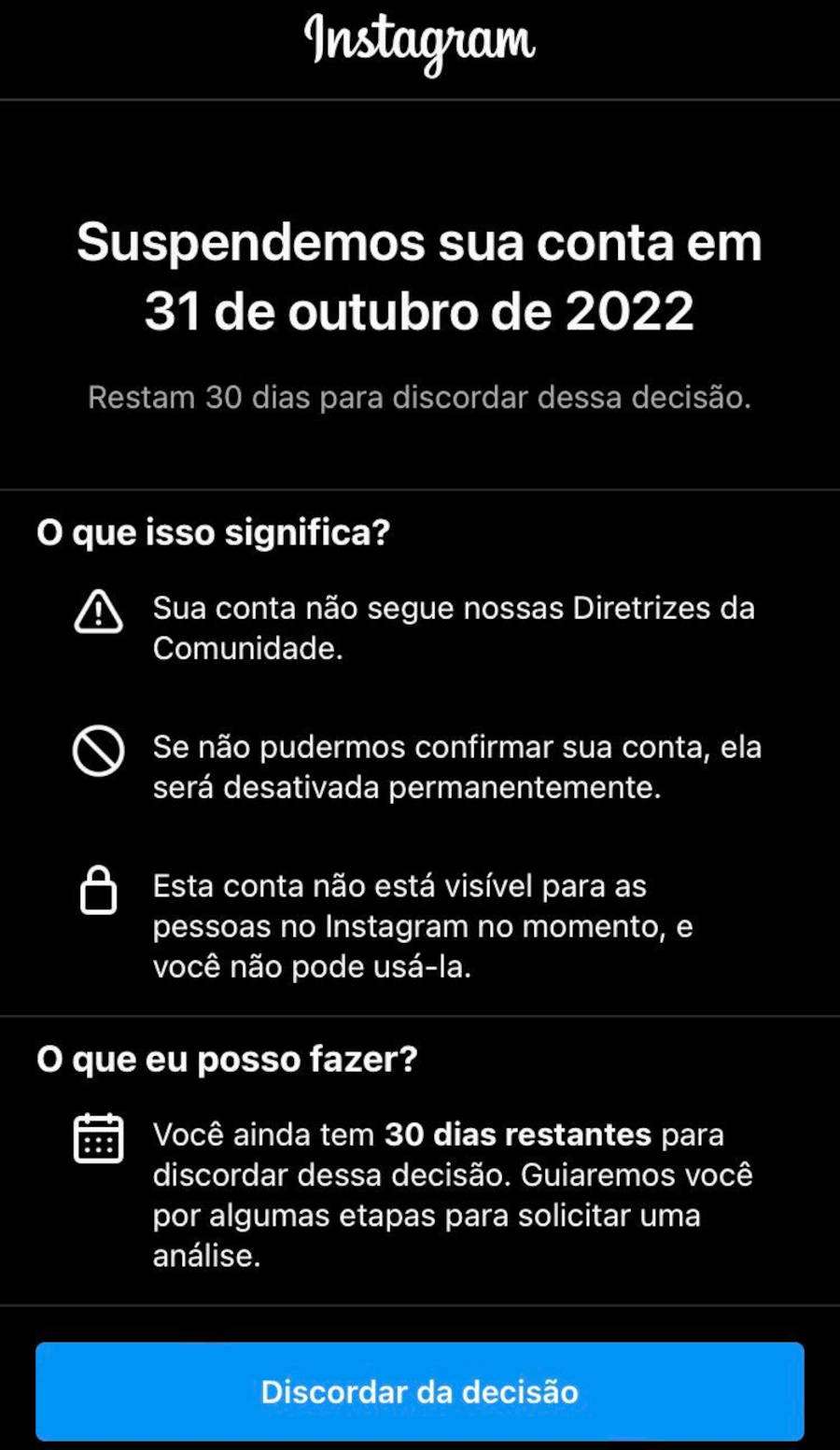 Foto do aviso do Instagram sobre a suspensão de contas