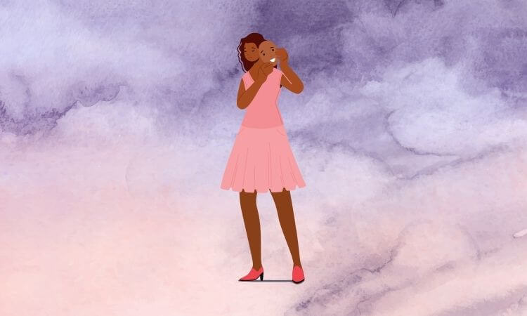ilustração de mulher triste usando máscara de alegria ilustração de mulher usando máscara de alegria