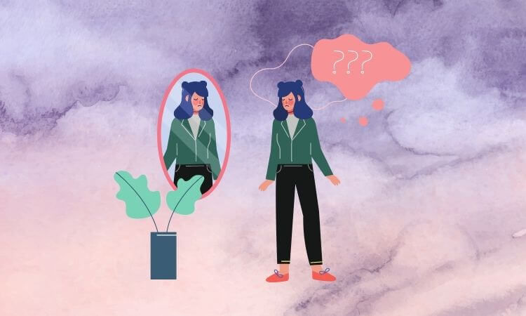 ilustração de mulher olhando no espelho com Síndrome de Impostora em fundo roxo mulher olhando no espelho com Síndrome de Impostora