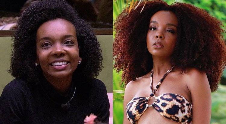 Montagem com duas fotos de Thelminha, uma na época do BBB e outra atualmente 