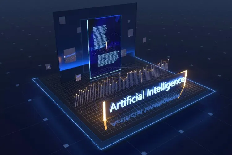 Uma representação digital de inteligência artificial com gráficos e texto flutuando em um ambiente futurista. A palavra "Artificial Intelligence" está destacada em neon. Esta imagem ilustra como o Google NotebookLM utiliza IA para organizar e analisar notas de forma inteligente e eficiente.