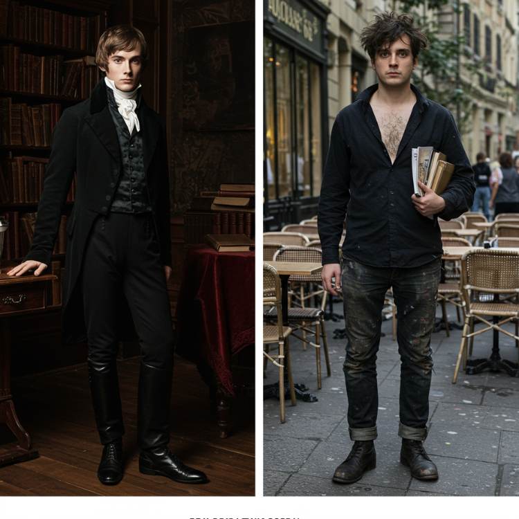 Imagem dividida ao meio: à esquerda, um homem europeu do século XIX veste traje formal preto com colete e gravata sobre cenário luxuoso de biblioteca; à direita, um homem moderno em roupas despojadas segura livros em rua urbana.