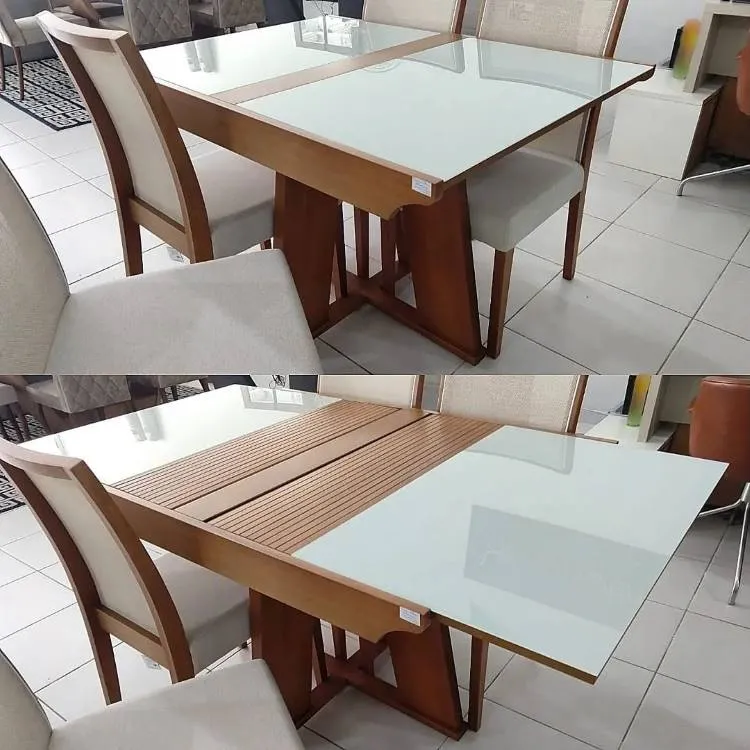 Mesa de vidro e madeira extensível, aberta e fechada.