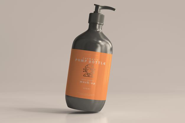 Embalagem de shampoo cinza com rótulo laranja 