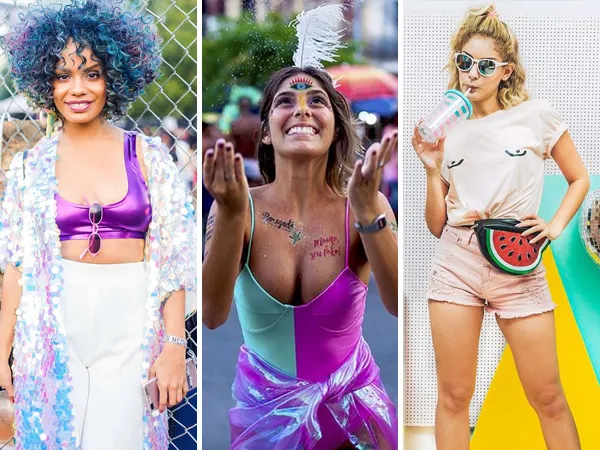 Montagem com fotos de mulheres com looks de carnaval, como top metálico roxo, kimono de lantejoula e calça bramca; body azul e lilás...