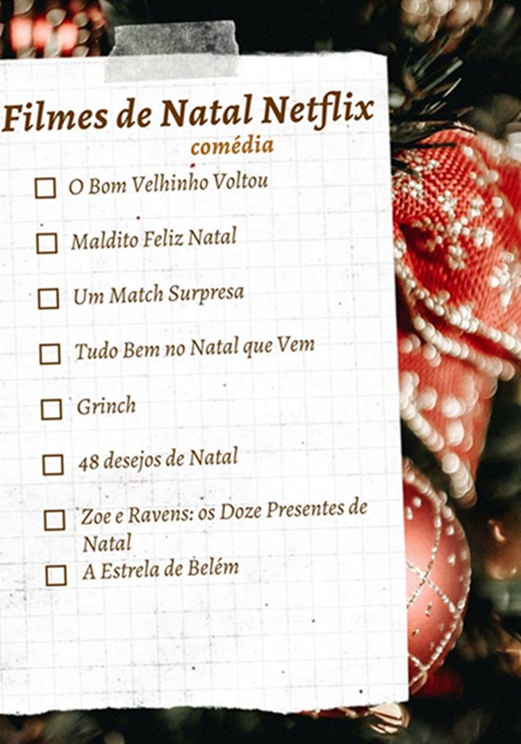 Foto de lista com os títulos natalinos da Netflix de comédia.