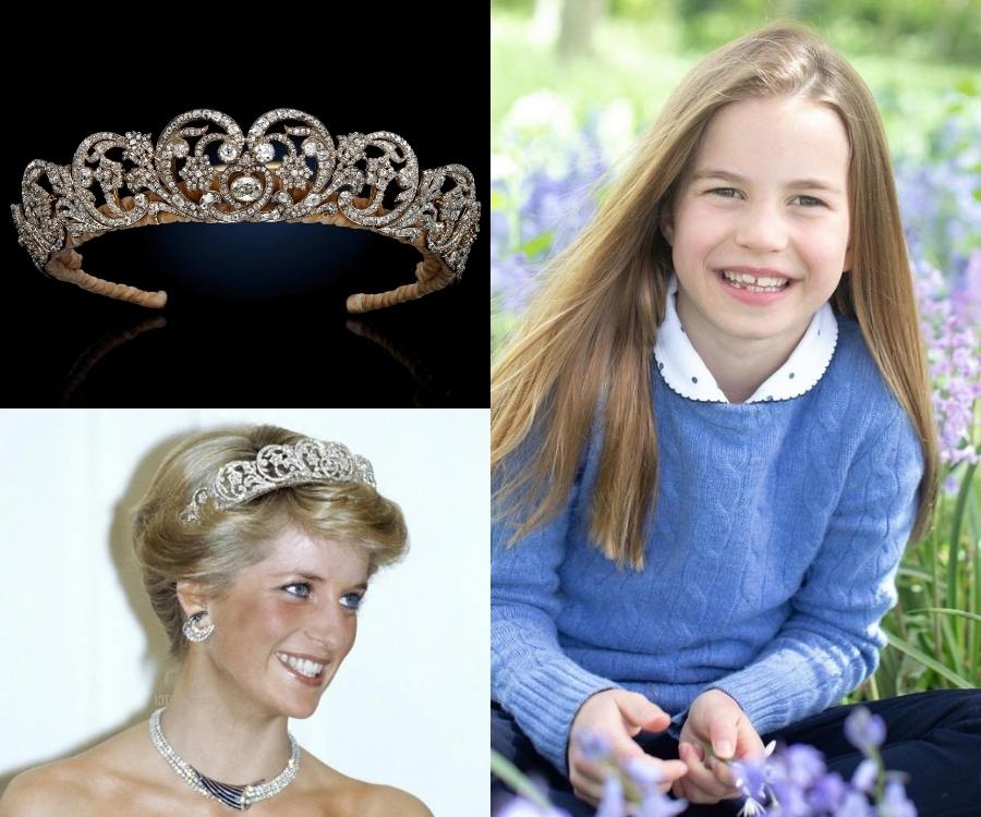 Montagem com 3 fotos: uma da tiara em fundo preto, outra do rosto e pescoço de Diana com joias, e ademais a princesa Charlotte sentada em gramado com flores lilases.