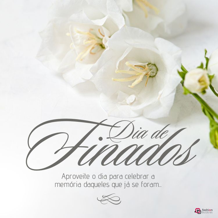 A imagem apresenta flores brancas delicadas sobre um fundo claro, simbolizando paz e lembrança. Em destaque, a inscrição "Dia de Finados" em uma elegante tipografia cursiva. Abaixo, a frase "Aproveite o dia para celebrar a memória daqueles que já se foram..." convida à reflexão e homenagem aos entes queridos. O design transmite serenidade e respeito.