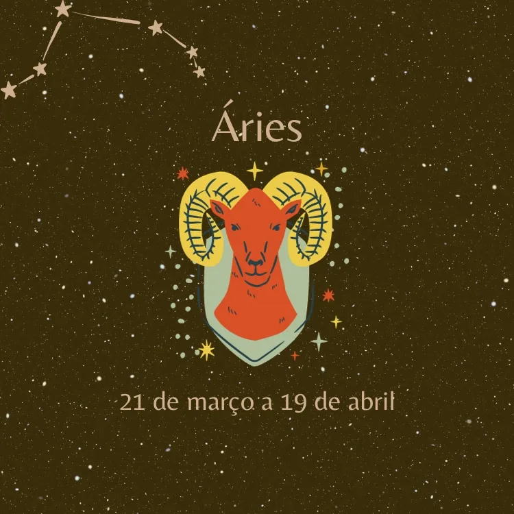 fundo estrelado com o símbolo e as datas do signo de Áries