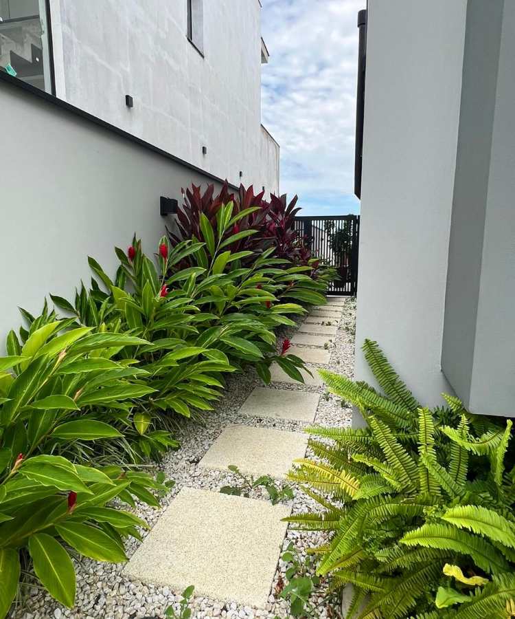 Caminho de jardim com pedra brita e plantas ao redor
