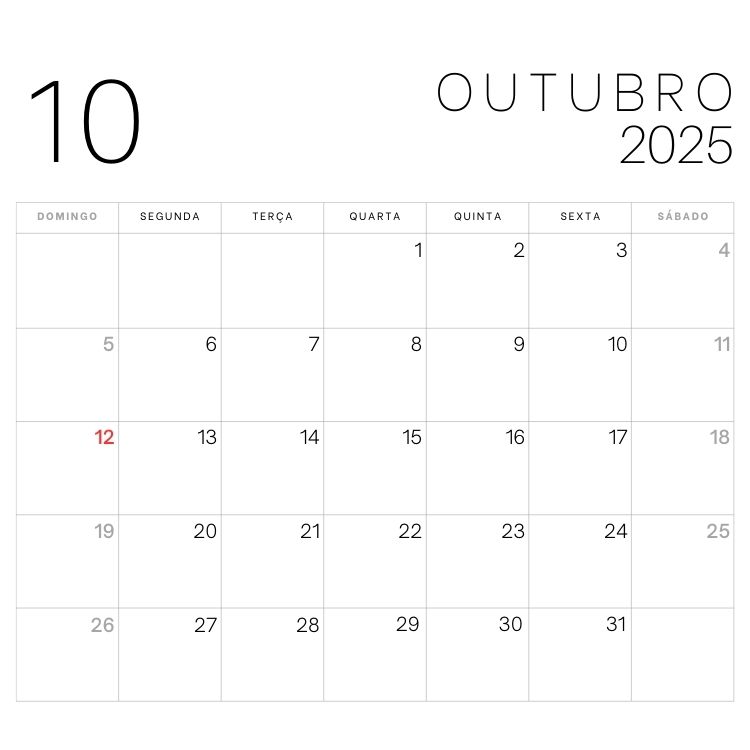 A imagem exibe o calendário de outubro de 2025 com design minimalista. O número "10" aparece no canto superior esquerdo, e "OUTUBRO 2025" no superior direito. O dia 12, uma segunda-feira, está destacado em vermelho.
