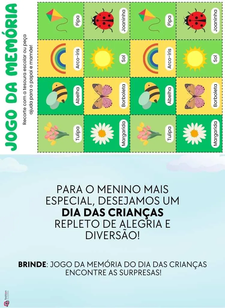 Modelo parte de dentro com frase com Jogo da Memória para meninos