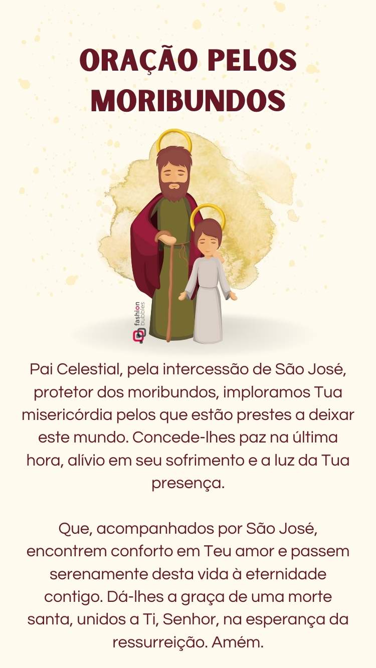 Oração para os moribundos com intercessão de São José, em fundo amarelo claro com desenho do santo com o menino Jesus.