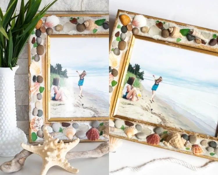 Upcycling: moldura decorada com conchas. Foto upcycling: moldura velha customizadas com conchas.