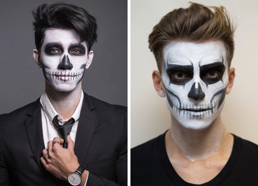 Montagem com foto de dois homens de pele clara usando maquiagem de caveira 