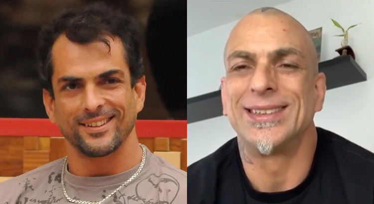 Montagem com duas fotos de Marcelo Dourado, uma na época do BBB e outra atualmente 