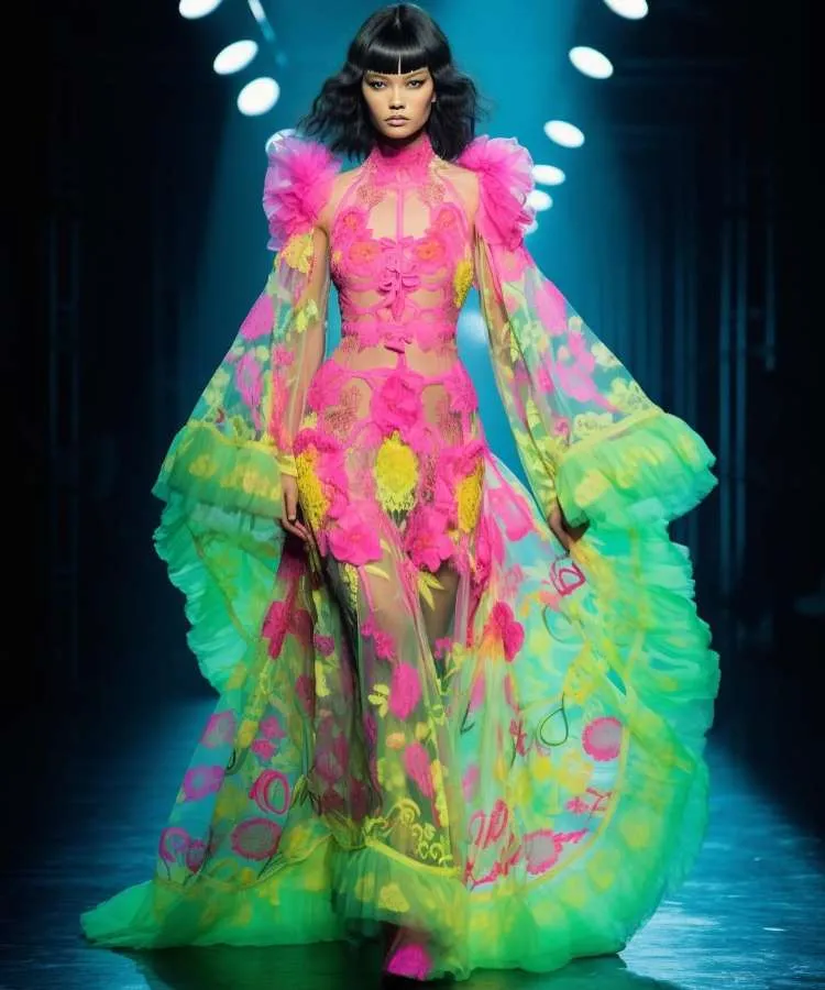 Um modelo caminha na passarela em um vestido transparente e fluido, adornado com grandes aplicações florais rosa e amarelas. O vestido verde-água vibrante apresenta mangas compridas esvoaçantes e ombros com folhos, exalando um estilo etéreo e floral.

