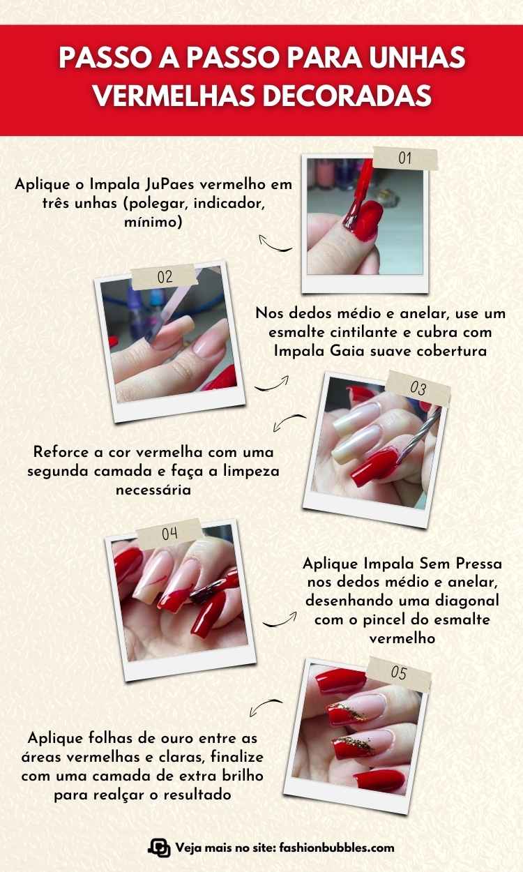 Montagem de 5 passos ensinando a fazer unhas vermelhas decoradas com folhas de ouro