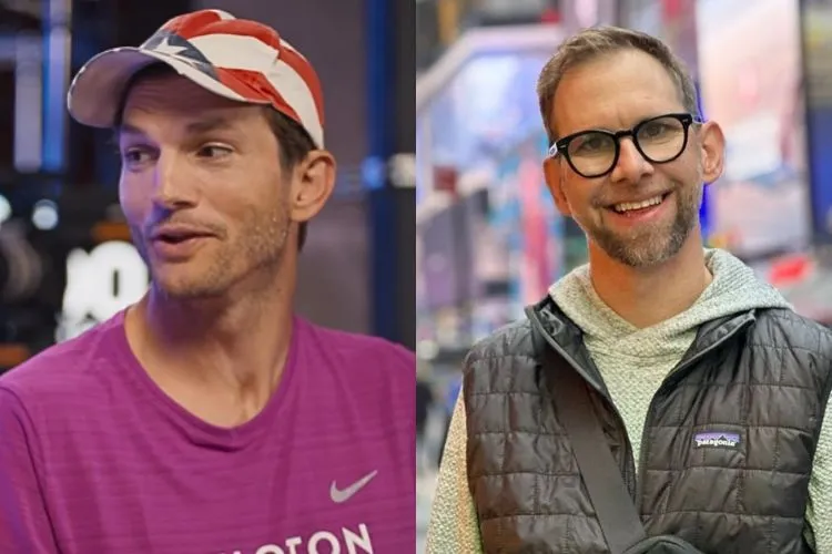 Montagem com duas fotos, sendo uma do ator Ashton Kutcher e outra do seu irmão gêmeo Michael Kutcher - famosos com irmãos gêmeos
