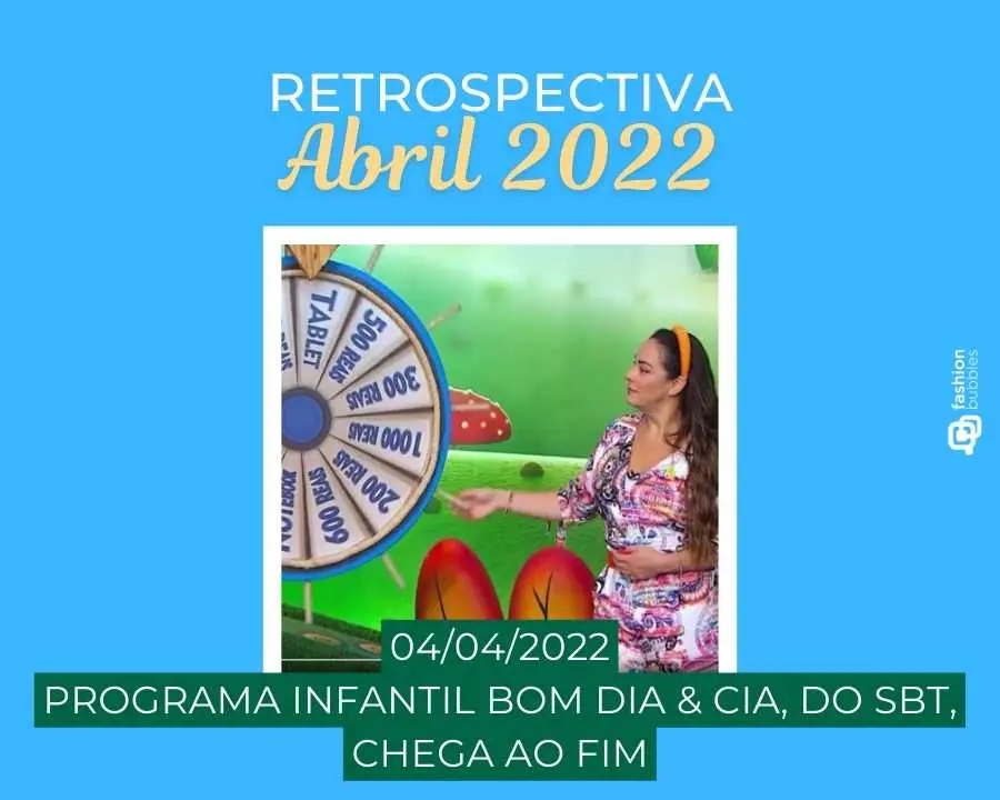 Imagem com fundo azul, escrito de branco e amarelo "Retrospectiva abril 2022 - 04/04/2022 - Programa infantil Bom Dia & Cia, do SBT, chega ao fim". No centro, foto de Silvia Abravanel rolando roleta do infantil.