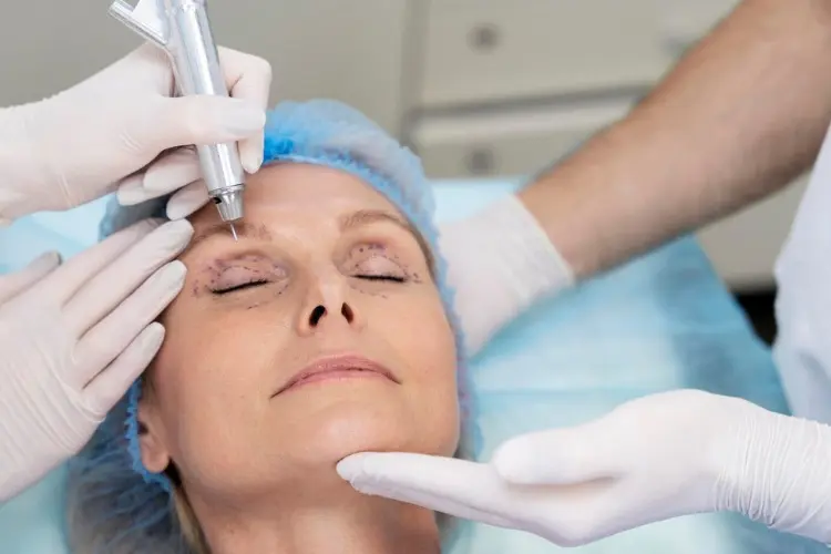 Senhora de pele clara em maca, usando touca azul, enquanto médicos com luva realizam blefaroplastia nela 