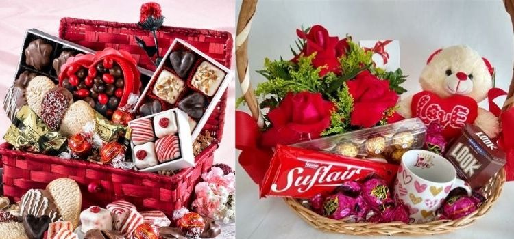Duas opções de cesta com bastante itens, como doces e flores