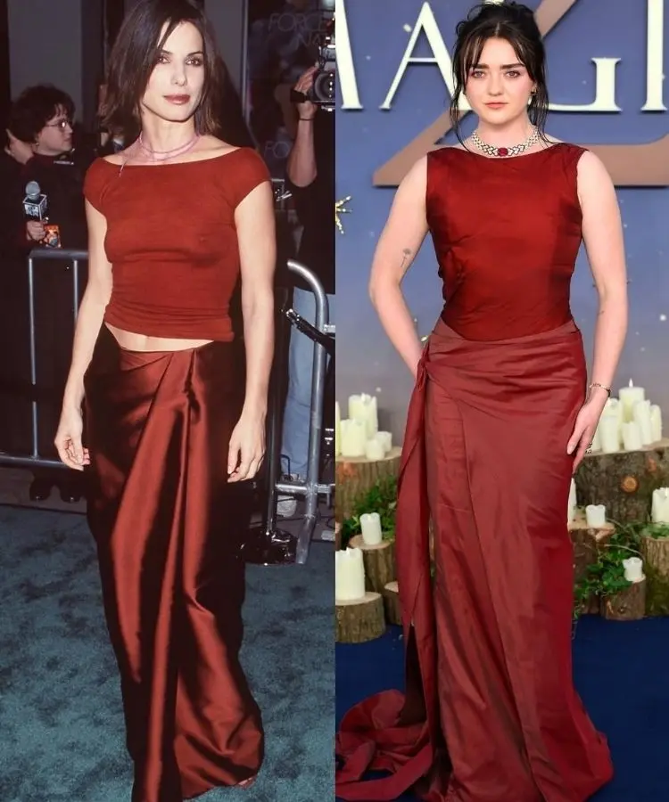 Look de Maisie Williams feito sob medida por Ellie Misner e inspirado em look usado por Sandra Bullock na estreia de "Forças do Destino", em 1999
