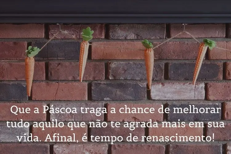 Foto de parede de tijolos à vista com varal de cenoura de tecidos e frase: Que a Páscoa traga a chance de melhorar tudo aquilo que não te agrada mais em sua vida. Afinal, é tempo de renascimento!