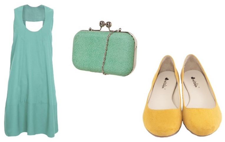 Vestido curto e clutch verdes, sapatilha amarela.