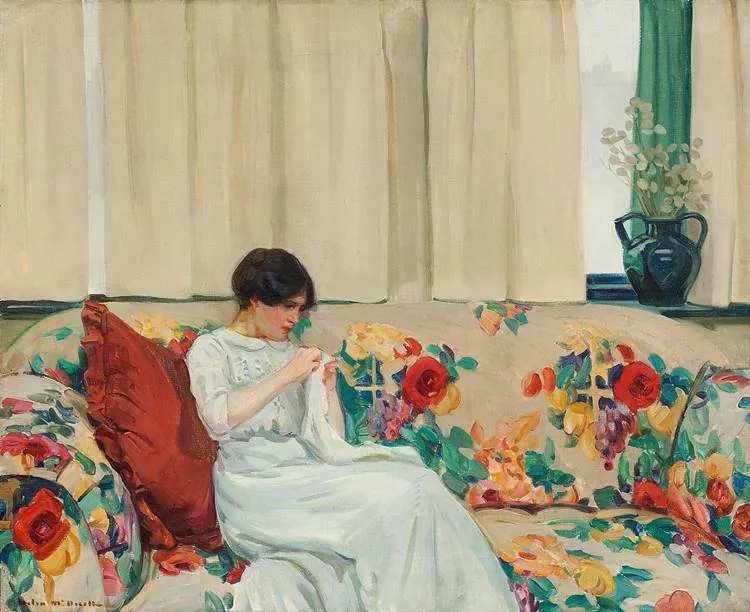 Pintura de Helen McNicoll (1879 - 1915)- 
The chintz sofá, 1913