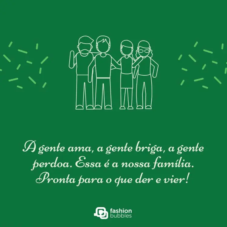 Frase de família pronta pra tudo, com imagem de família em desenho Família, pronta pro que der e vier