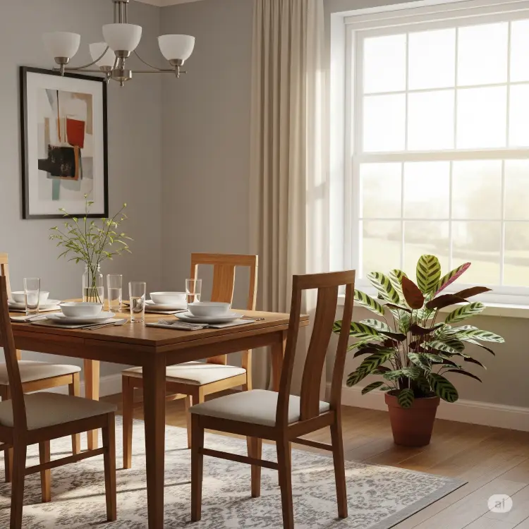 Jantar com mesa de madeira, cadeiras e arranjos em um ambiente com paredes cinzas e uma janela. Uma Calathea triostar em um vaso de terracota está próxima à janela, adicionando cor ao espaço.







