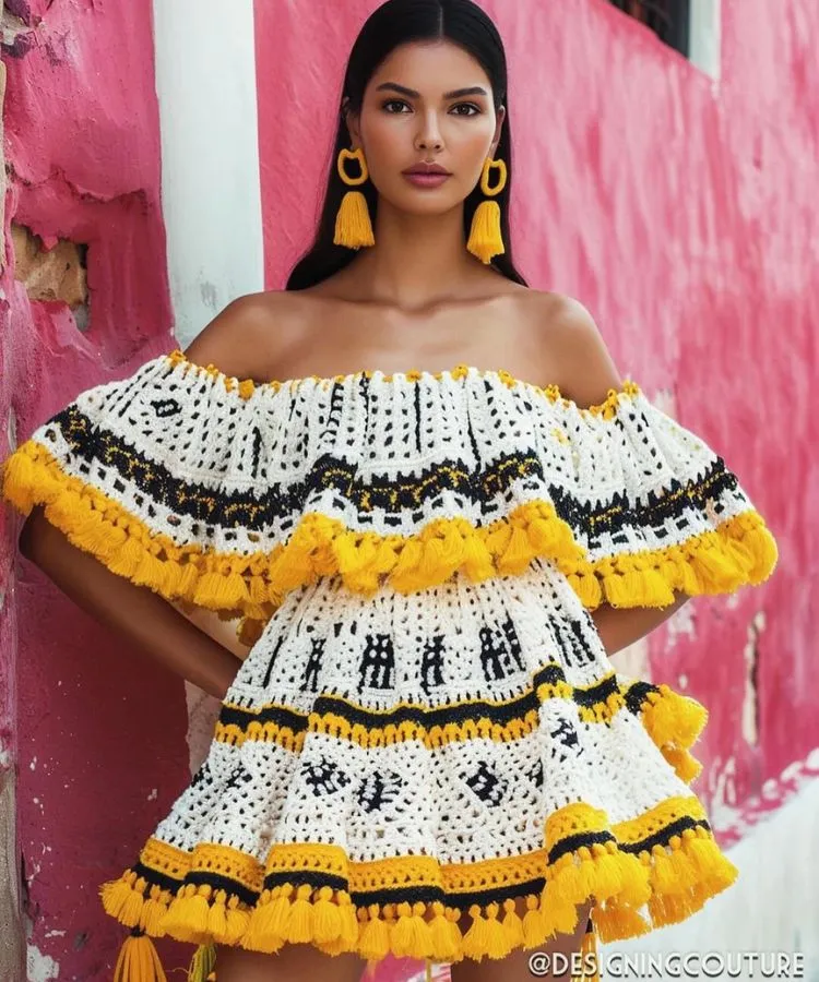 Uma modelo posa com um vestido de crochê branco com ombros de fora, adornado com detalhes em preto e amarelo. O vestido é em camadas com franjas amarelas, e a modelo usa brincos de tassel amarelos, em frente a uma parede rosa.
