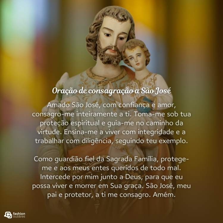 Oração de consagração a São José, com imagem do santo com o menino Jesus no colo.