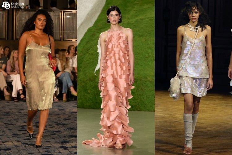 Modelos nos desfiles de Conner Ives e Cult Gaia e Anna Sui usando brilho sutil, uma das tendências da NYFW Primavera Verão 2027