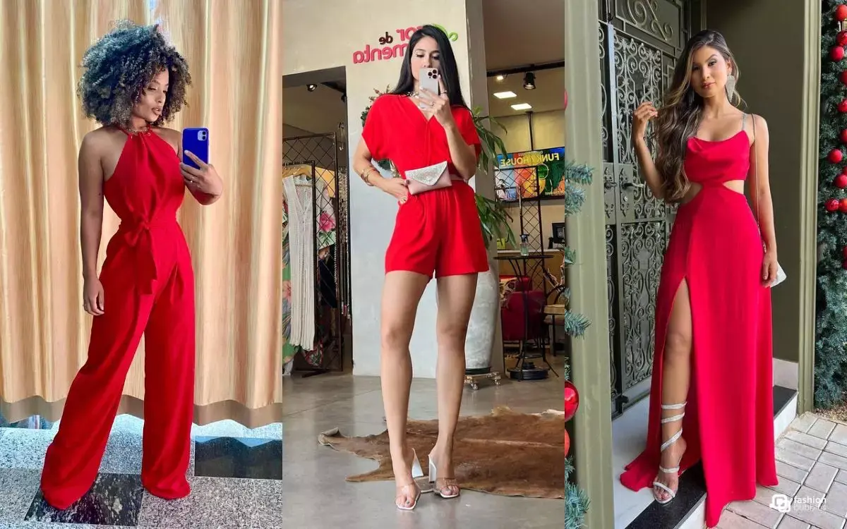 3 mulheres com looks vermelhos para o Natal: macacão, macaquinho e vestido longo.