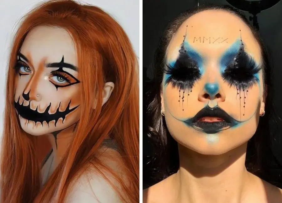 Montagem com duas fotos de duas mulheres de pele clara maquiadas de palhaços assustadores