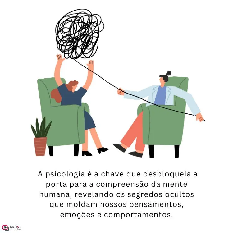 Cartão virtual de fundo branco com desenho de duas pessoas sentadas em poltronas verdes e a de jaleco puxa um fio que representa a confusão da mente da outra pessoa. Ainda, há a frase " A psicologia é a chave que desbloqueia a porta para a compreensão da mente humana, revelando os segredos ocultos que moldam nossos pensamentos, emoções e comportamentos."
