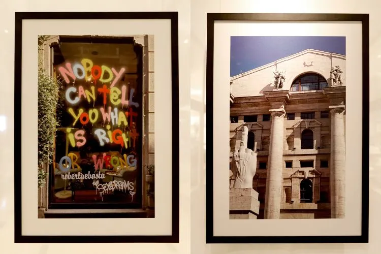 trabalhos de Rodrigo Costa e Sabrina Salles, na exposição Visioni Di Milano.