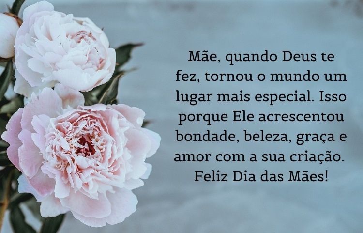 Cartão virtual com foto de flores e frase "Mãe, quando Deus te fez, tornou o mundo um lugar mais especial. Isso porque Ele acrescentou bondade, beleza, graça e amor com a sua criação. Feliz Dia das Mães!"