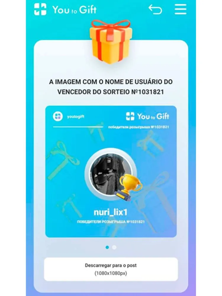 print da tela do YouToGift, ferramenta que faz sorteio no Instagram