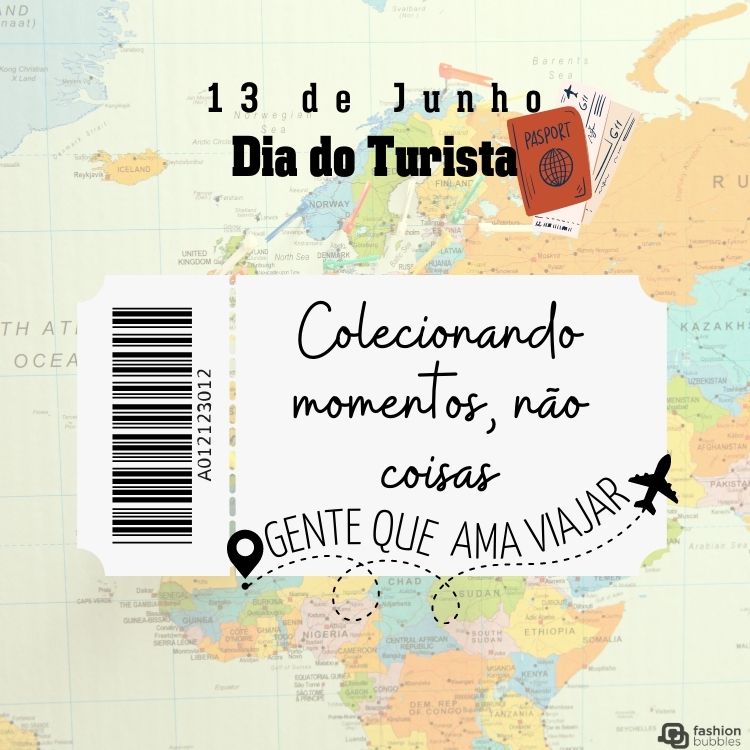 Montagem com mapa mundi de fundo, titcket escrito "colecionando momentos, não coisas", traçado com avião e frase "gente que ama viajar"